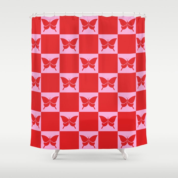 Butterfly Checkerboard Pattern in Pink & Red Shower Curtain