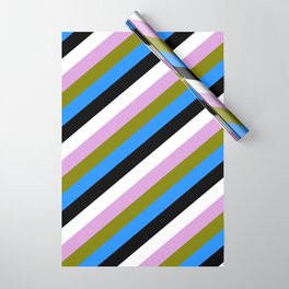 [ Thumbnail: Eye-catching Plum, Green, Blue, Black, and White Colored Stripes Pattern Wrapping Paper ]