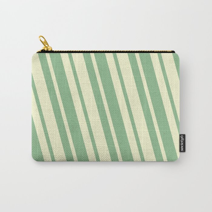 Dark Sea Green and Light Yellow Colored Striped/Lined Pattern Carry-All Pouch