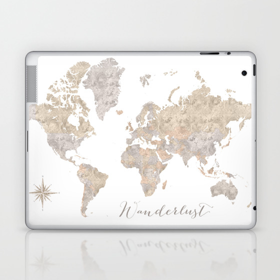 Wanderlust Watercolor World Map With Compass Rose Laptop Ipad