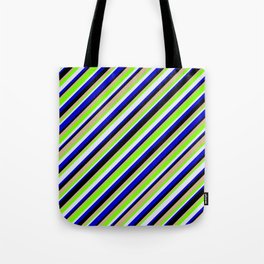 [ Thumbnail: Eye-catching Green, Lavender, Blue, Black, and Tan Colored Lined/Striped Pattern Tote Bag ]