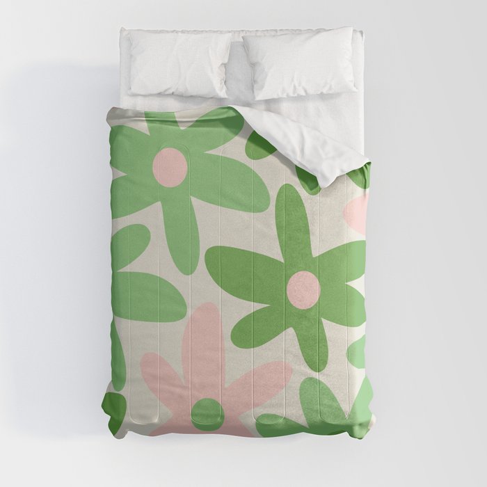 Flower Market Valencia Cute Retro Modern Floral Lime Green and Light Pink Comforter
