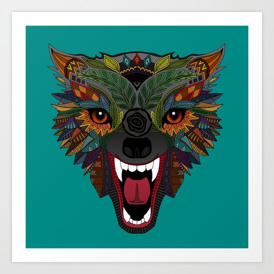 wolf fight flight teal Art Print