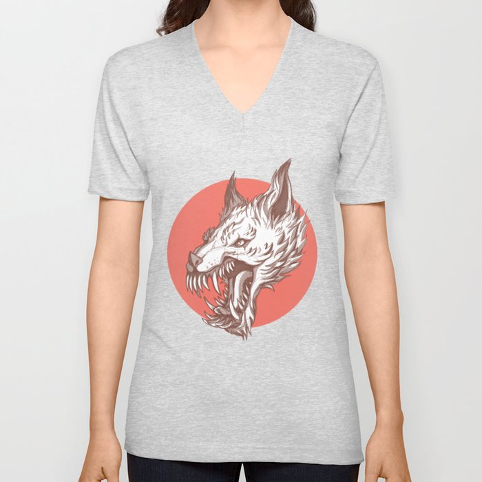 Angry Red Wolf V Neck T Shirt