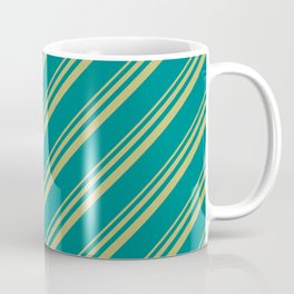 [ Thumbnail: Dark Khaki and Teal Colored Stripes/Lines Pattern Coffee Mug ]