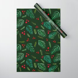 Christmas tree branches and berries - green Wrapping Paper