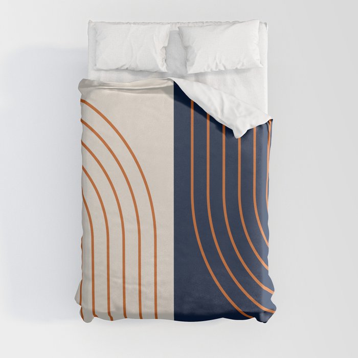 Abstract Geometric Rainbow Lines 11 in Navy Blue Orange Duvet Cover