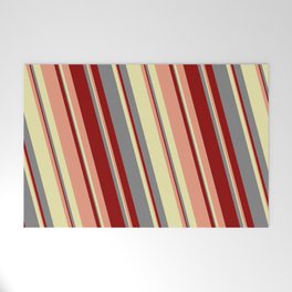 [ Thumbnail: Grey, Dark Red, Dark Salmon, and Pale Goldenrod Colored Striped Pattern Welcome Mat ]