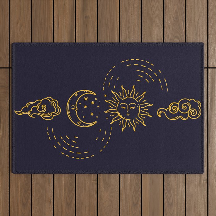 Blue and gold sun and moon oriental style Outdoor Rug