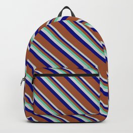 [ Thumbnail: Aquamarine, Light Gray, Blue, and Sienna Colored Striped/Lined Pattern Backpack ]