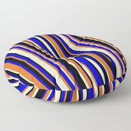 [ Thumbnail: Chocolate, Light Yellow, Black & Blue Colored Lines/Stripes Pattern Floor Pillow ]