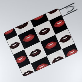Red and Black Lips Checkerboard Pattern Picnic Blanket