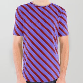 [ Thumbnail: Medium Slate Blue and Dark Red Colored Lines/Stripes Pattern All Over Graphic Tee ]