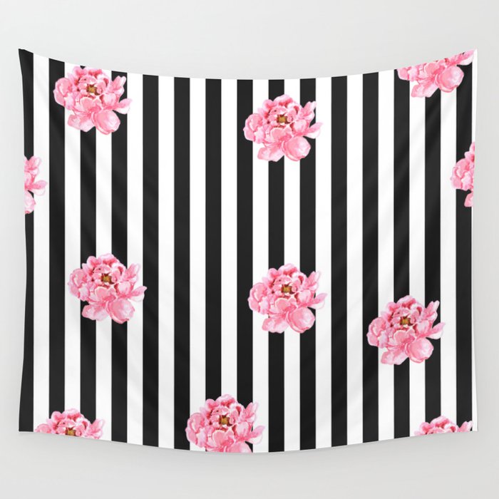 Hand Painted Pink Watercolor Black White Stripes Fl Wall Tapestry By Water Society6 - Black White Pink Wall Tapestry