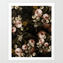 Antique Botanical Roses And Chamomile Midnight Sepia Garden Art Print