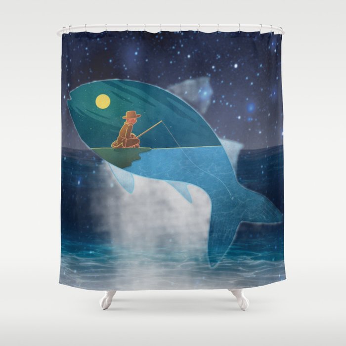 Man fishing in the ocean at night under the moonlight. Shower Curtain
