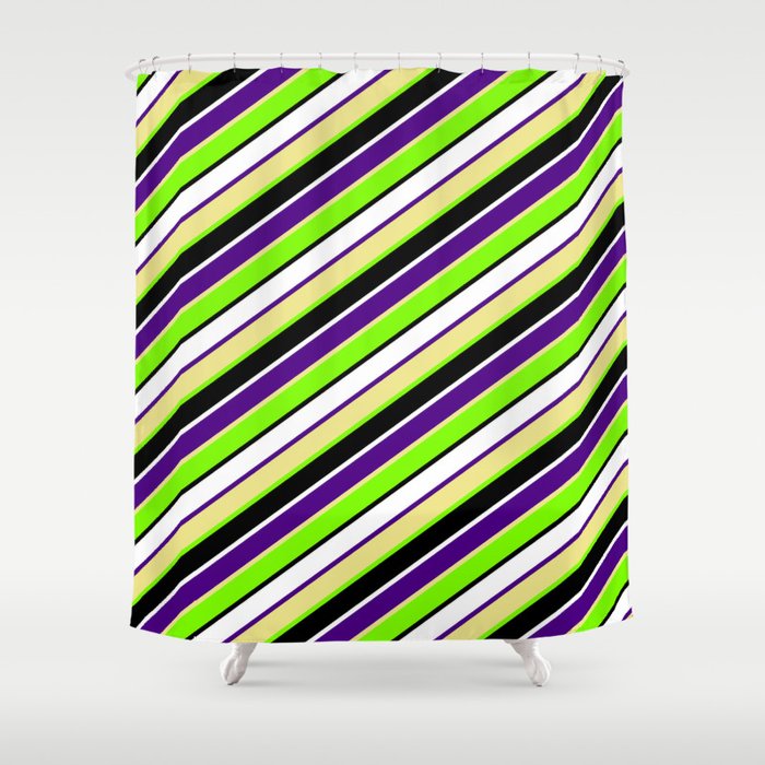 Eye-catching Indigo, Tan, Green, Black & White Colored Lined/Striped Pattern Shower Curtain