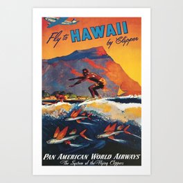 Hawaii Surfing, Diamondhead, World Airways Vintage Travel Poster Art Print