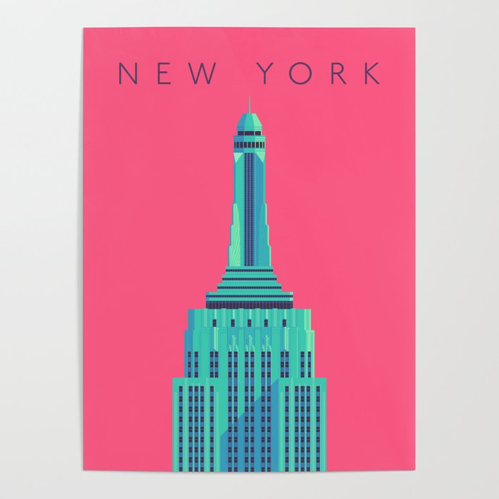 Empire State Building New York Art Deco - Text Red Poster