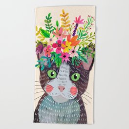 Cat with flowers Beach Towel