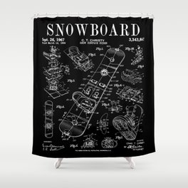 Snowboard Winter Snowboarding Vintage Patent Drawing Print Shower Curtain