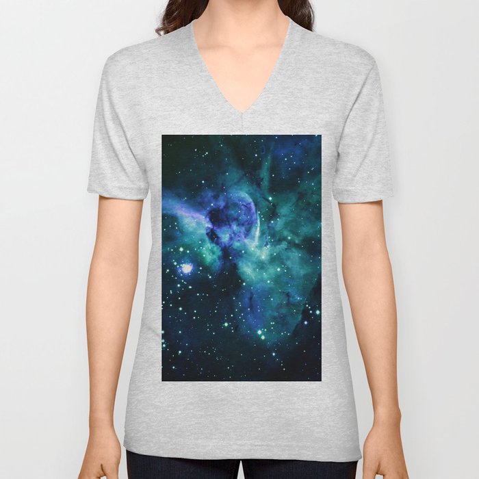 Blue Turquoise Teal Carina Nebula V Neck T Shirt