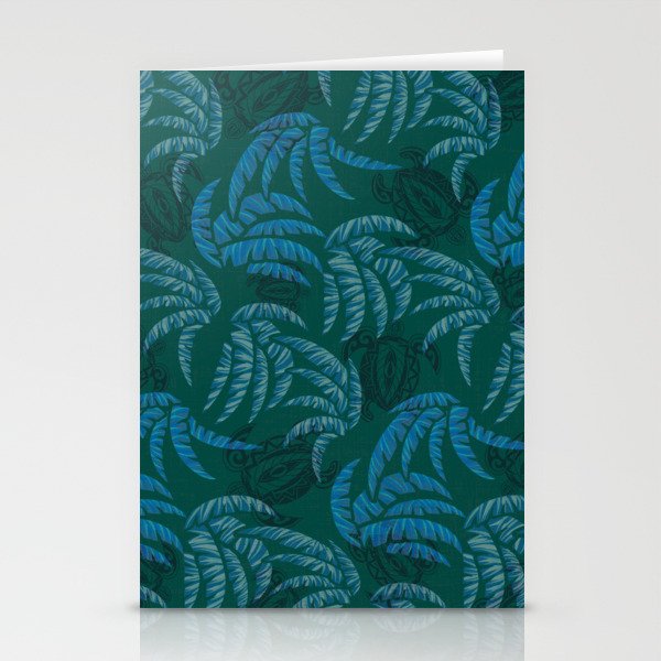 Hawaiian Dark Emerald Honu and Palm Leaves Pattern Stationery Cards