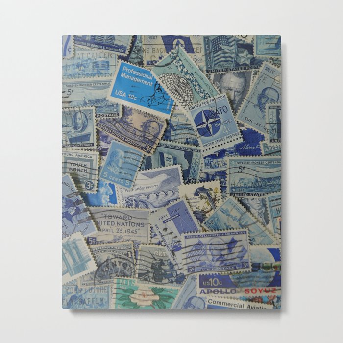 Vintage Postage Stamp Collection - Blue Metal Print