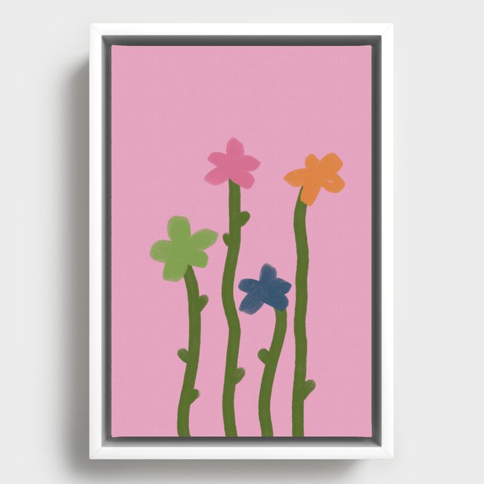 Growing Groove - Retro Flowers on Pink Framed Canvas