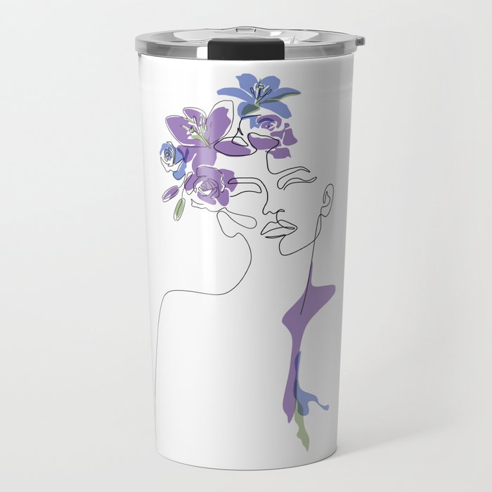 Lilac Bloom Girl / Face drawing with  purple, blue and green flowers / Explicit Design Travel Mug