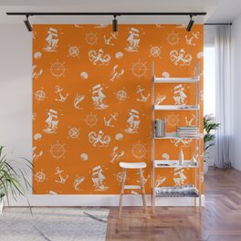 Orange And White Silhouettes Of Vintage Nautical Pattern Wall Mural