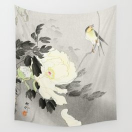 Bird on a Peony tree - Vintage Japanese Woodblock Print Art Wall Tapestry