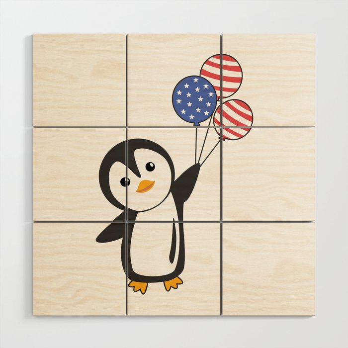 Penguin Flies Balloons Usa Cute Animals Penguins Wood Wall Art