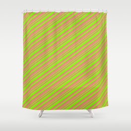 [ Thumbnail: Light Coral & Green Colored Striped Pattern Shower Curtain ]