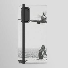 Steady As She Goes; aircraft coming in for an island landing black and white photography- photographs Android Wallet Case