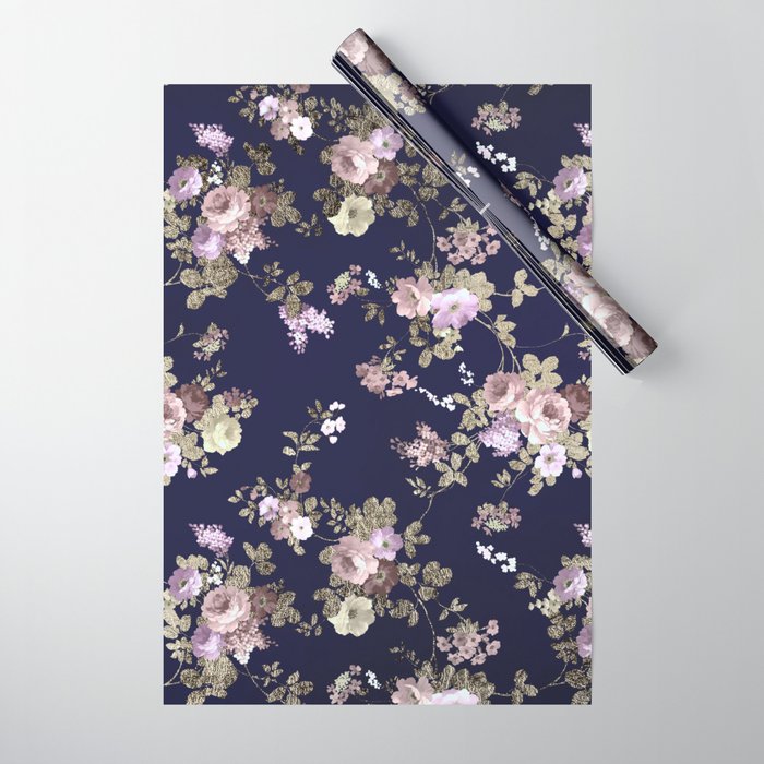 Elegant navy blue lilac pink gold glitter floral Wrapping Paper