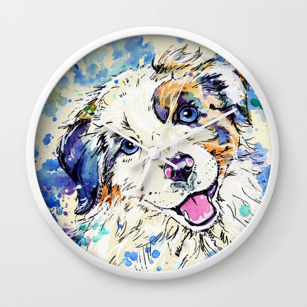 Aussie Pup Australian Shepherd Dog Painting Wall Clock By Evei