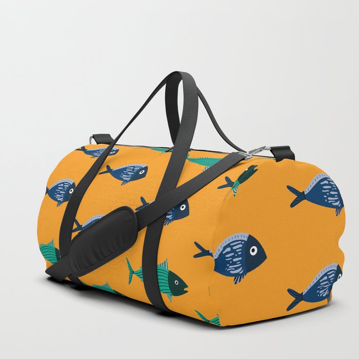 Blue And Green Fish Print On Yellow Background Pattern Duffle Bag
