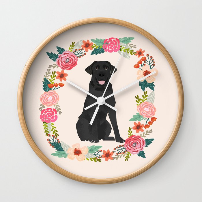 black lab floral wreath flowers dog breed gifts labrador retriever Wall Clock