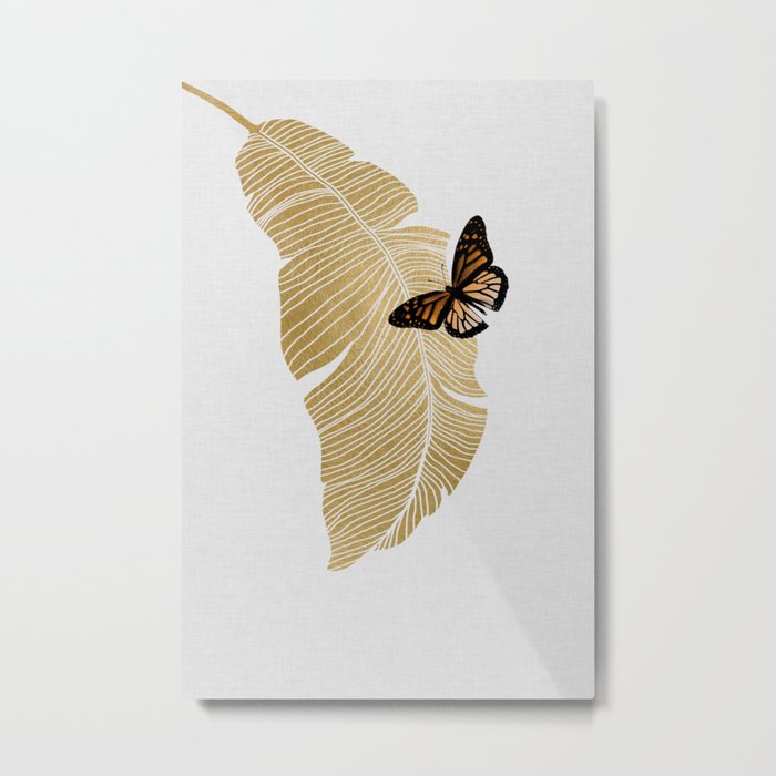 Butterfly & Palm Leaf, Gold Wall Art Metal Print