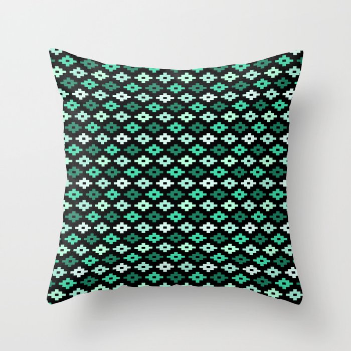 Geometric Flower Cross Stitch Appearance - Aqua Deep Teal On Black Throw Pillow