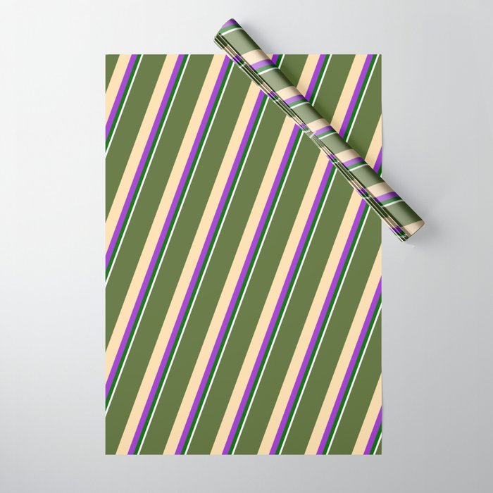 Dark Olive Green, Tan, Dark Orchid, Dark Green, and White Colored Striped/Lined Pattern Wrapping Paper