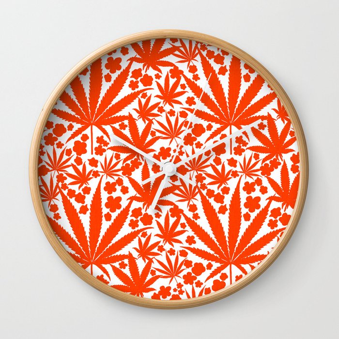 Modern Botanical Cannabis And Flowers Bold Red Wall Clock