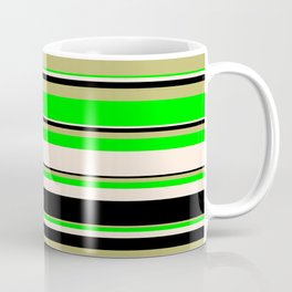 [ Thumbnail: Dark Khaki, Lime, Beige, and Black Colored Striped Pattern Coffee Mug ]