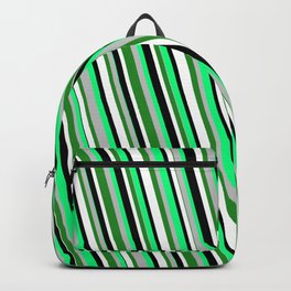 [ Thumbnail: Eye-catching Green, Grey, Forest Green, White, and Black Colored Stripes/Lines Pattern Backpack ]