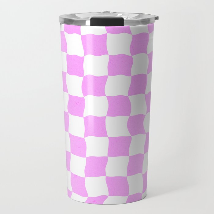 Pink Funky Checkered Pattern Wavy Groovy 70s Travel Mug