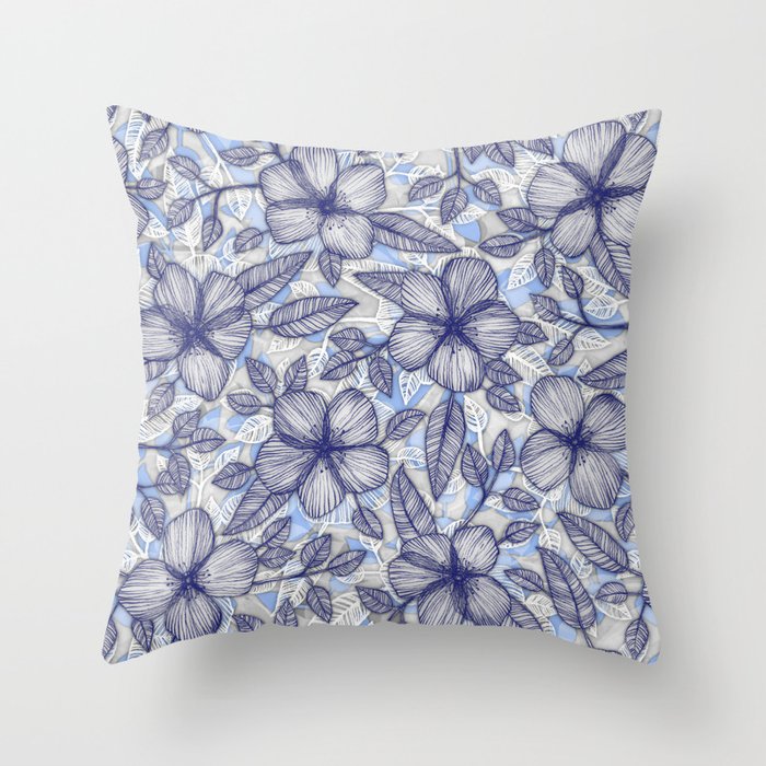 Indigo Summer - a hand drawn floral pattern Throw Pillow