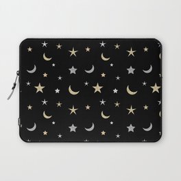 Gold and silver moon and star pattern on black background Laptop Sleeve