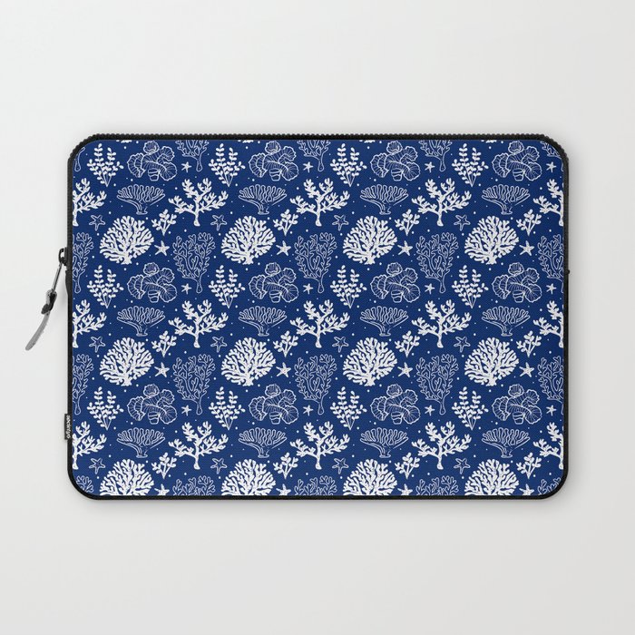 Blue And White Coral Silhouette Pattern Laptop Sleeve