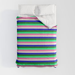 [ Thumbnail: Dark Green, Green, Hot Pink, Beige, and Blue Colored Pattern of Stripes Comforter ]